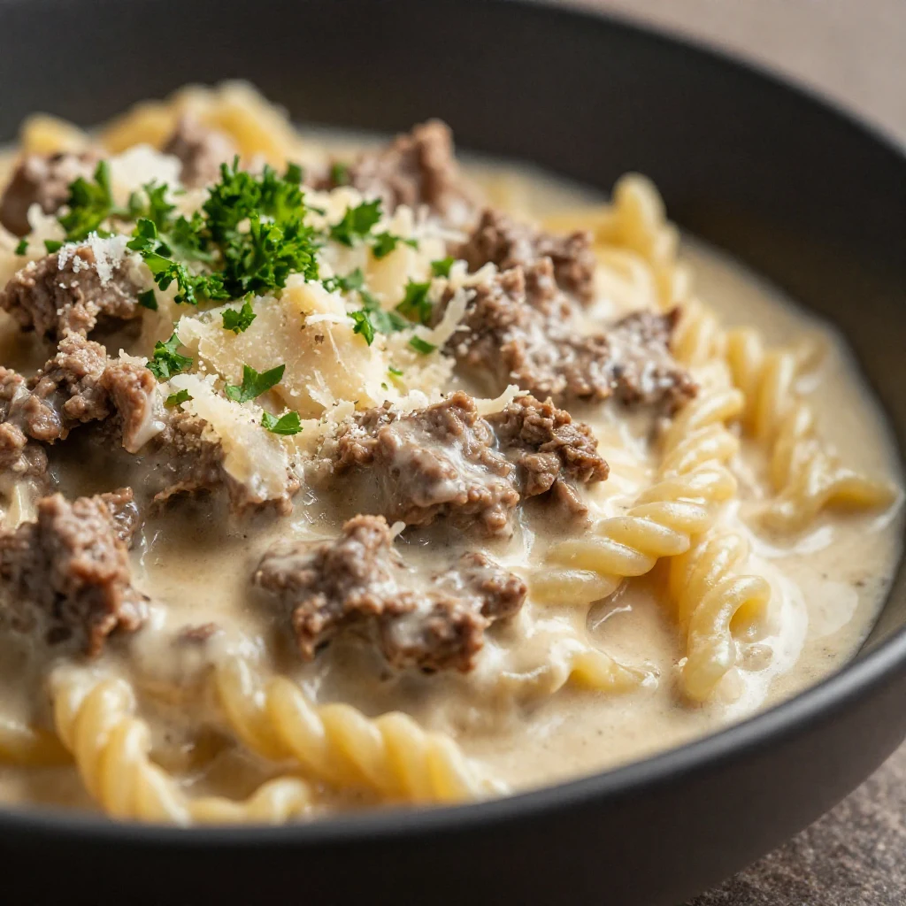 A bowl of creamy beef pasta topped with parsley and grated cheese