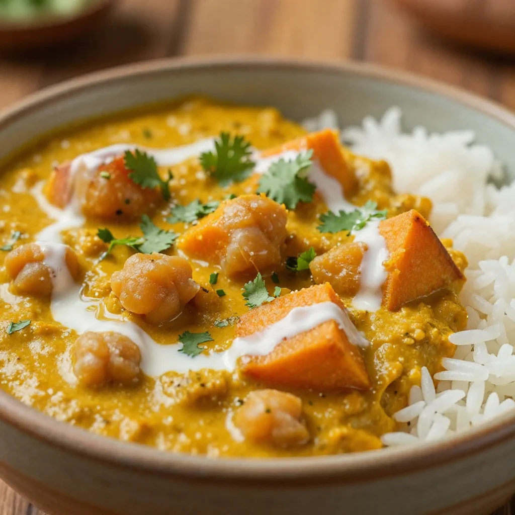 A vibrant bowl of sweet potato and chickpea curry garnished with fresh cilantro