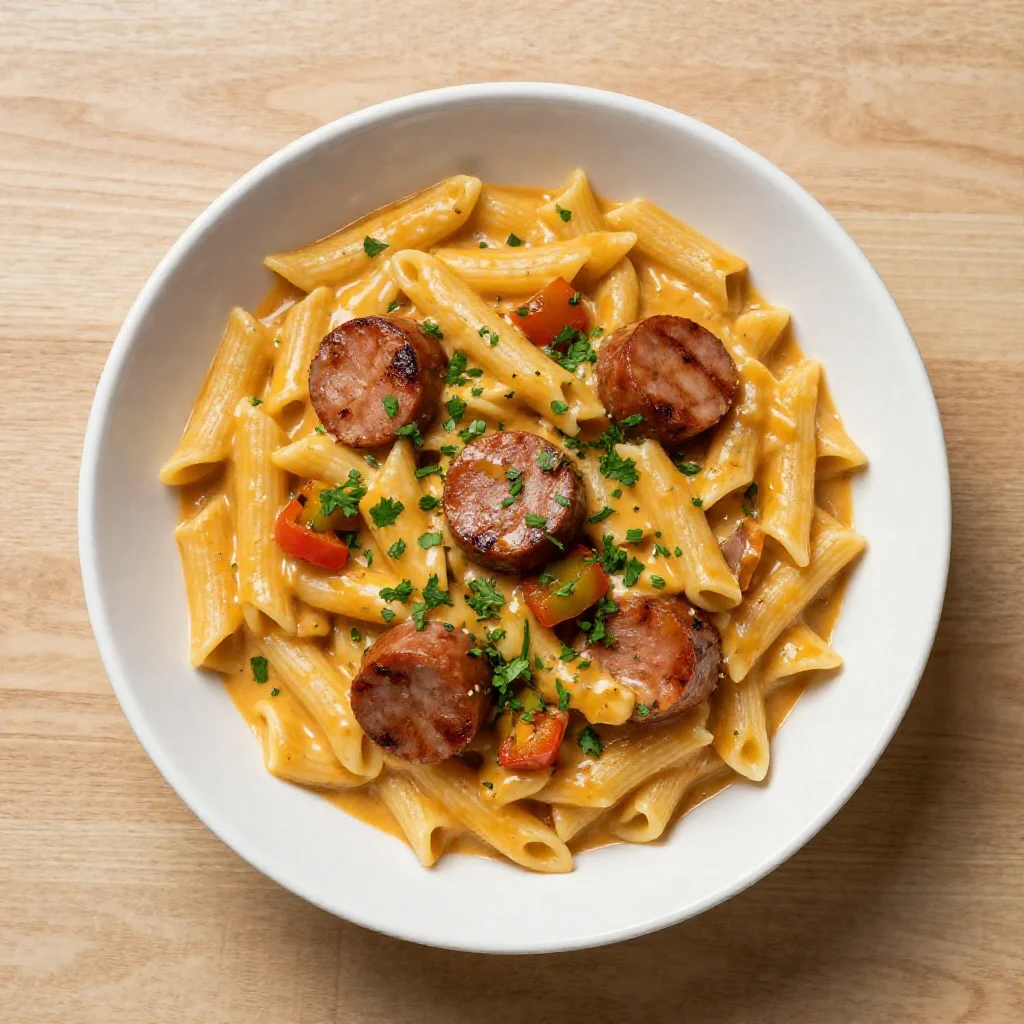 A bowl of creamy spicy Cajun sausage pasta topped with parsley