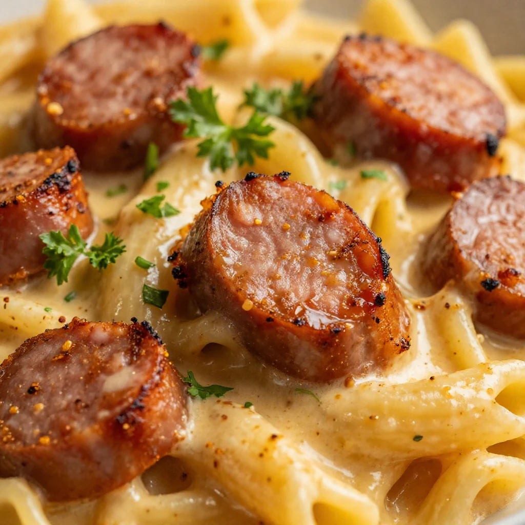 A bowl of creamy spicy Cajun sausage pasta topped with parsley