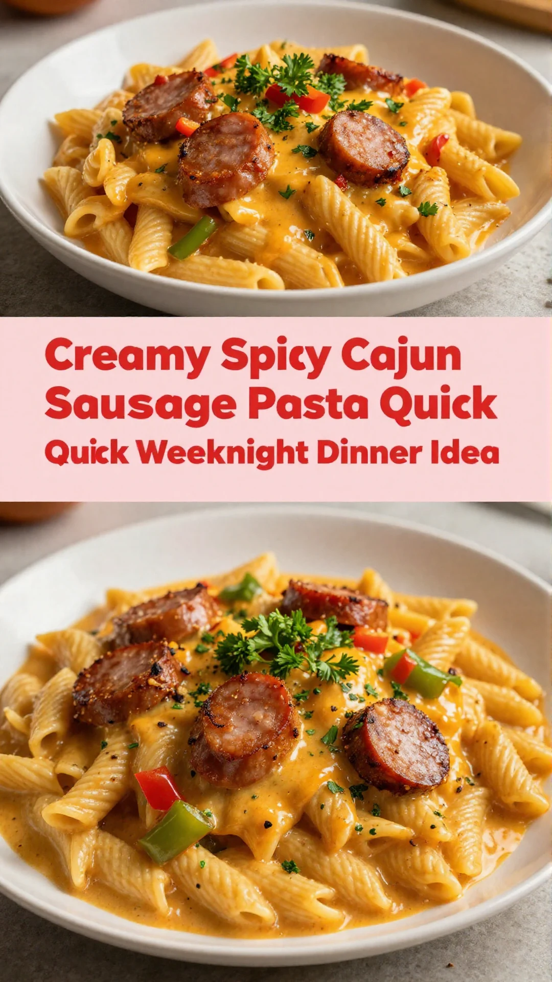 A bowl of creamy spicy Cajun sausage pasta topped with parsley